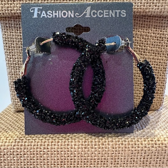 NWT Fashion Accents Earrings - Big Hoops black textured - glitter - Picture 1 of 10